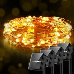 lot 31256 image: (398)Solar String Lights, 4 Pack, 33 Ft, 100 LED Copper Wire, Warm White, 8 Lighting Modes, Waterproof, Outdoor and Indoor Use