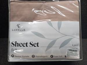 lot 31257 image: LuxClub 6 Piece Full Sheet Set, Wrinkle Free, Super Soft, Mocha - Retail $35