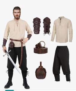 lot 31258 image: 5 Pcs Renaissance Costume Men Medieval Shirt Ankle Banded Pants Halloween Costumes Pirate Cosplay Outfit with Viking Accessories Pouch Belt Arm Guards DY036L - Retail $59