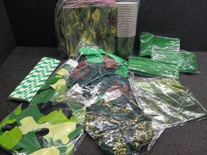 lot 31259 image: Fiesec Army Birthday Party Decorations, 233 PCs Camo Birthday Party Supplies, Military Themed Hanging Swirl Banner Tableware with Plates Napkins Cups Straws Cutlery for Camouflage Supplies