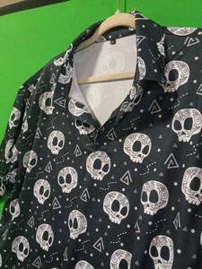 lot 31264 image: XL Mens Novelty Polo Shirt with Halloween Emoji Glitch Skull &amp Geometric Design with 3 Button Down Collar