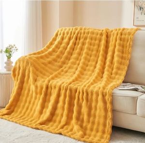 lot 31281 image: Twin Blanket for Couch Mustard Yellow Super Soft Flannel Fleece 3D Bubble Lightweight Bed Blanket All Season Use (Mustard Yellow, Twin(60x80)