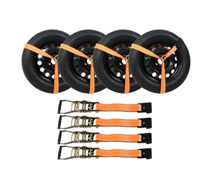 lot 31287 image: Universal Automobile Orange Tie Down Kit with Flat Hooks Lasso Style 4 Pack Wheel Tie Down Straps 3,300 Pound, Working Load 2 Inch x 96 Inch - Retail $50