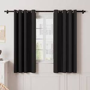 lot 31292 image: MUAKIOY No Drill Curtain Rod & Bracket Kit, 2 Black Panel Blackout Curtains (42 x 63 in.), with Adjustable Rods & Adhesive Brackets, Nail Free, No Screw, Easy Install