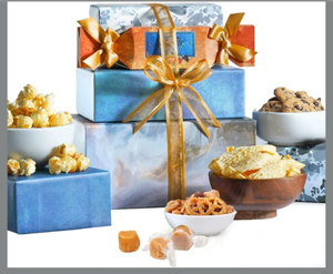 lot 31298 image: Broadway Basketeers Food Gift Basket Tower Snack Gift, Filled with 2 lbs of  Bestselling Snack Assortment, Includes Chocolate Chip Cookies gourmet Caramel Popcorn, Himalayan Chips & more.