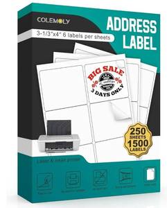 lot 31309 image: Shipping Address Labels Printable White Sticker Labels for Printer FBA SKU Mailing Matte (250 Sheets, 6-UP)