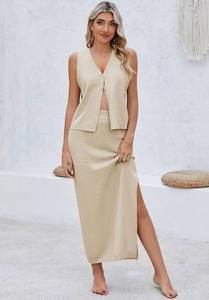 lot 31313 image: Queen Womens Summer 2 Piece Outfit Set V Neck Button Crop Tank Top Vest Bodycon Maxi Long Skirt Waffle Knit Dress GRAY IN COLOR, Small