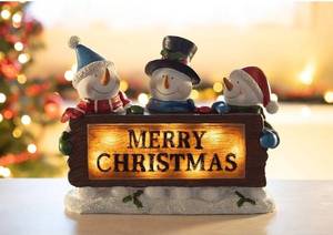lot 31333 image: VP Home Christmas Snowman Decor Lighted Resin Figurines - Indoor LED Lamp Post Glowing Merry Christmas Wood Trio - Festive Holiday Decoration, Battery Operated, Fiber Optic Accents - 11.5x3x9 Inches