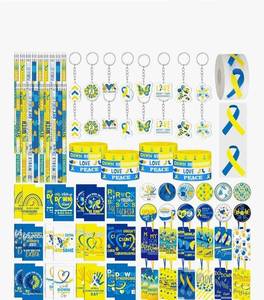 lot 31339 image: 24 Sets Down Syndrome Awareness Items Include Blue Yellow Ribbon Silicone Bracelets Pin Notebook Bookmarks with Ribbon Keychain for Down Syndrome Women Men Gifts