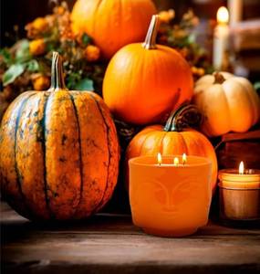 lot 31359 image: 20 oz Orange Buddha Head Aromatherapy Candle, Pumpkin Scent, 3-Wick Soy Wax Candle for Relaxation and Meditation, Decorative Candle for Home D��cor, Stress Relief Candle
