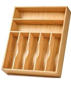 lot 41488 image: Umilife Bamboo Kitchen Drawer Organizer, 13 Inch Silverware Utensil Tray Holder, Extra Deep Grooved Drawer Divider, 7 Slots Total Bamboo Wood Caddy for Flatware Cutlery Knives, Forks, Spoons