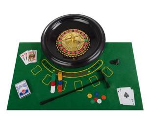 lot 41495 image: Roulette Wheel Set - 16-Inch Gambling Wheel with Reversible Roulette and Black Jack Table Cotton, Chips, 2 Decks of Cards, and More by Trademark Poker