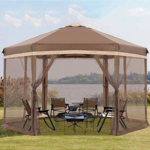 lot 1358 image: COOSHADE Pop up Canopy, 10X12 Pop up Tent with Mesh Walls, 6 Sides Gazebo, Patented 1 Step Lock Tech, Screened House for OutdoorCampingLawnTripGathering, Khaki and Brown. $189 Retail