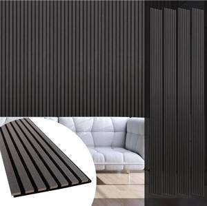 lot 1362 image: Yuzzy Wood Panels for Wall and Ceiling - 108 x 11 Inch Wood Slat Acoustic Panels 4 PCS - Modern Sound Absorbing Wall Panels for Interior Wall Decor for Home, Office, Studio - Rustic Black Oak. Retail $174