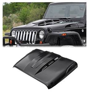 lot 1374 image: MAIKER Compatible with The Avenger Style Replacement Hood 2007-2017 Jeep Wrangler JK JKU Unlimited Rubicon, Black. Retail $580