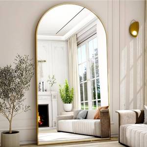 lot 1378 image: 77 x 38 Arched Full Length Mirror with Gold Aluminum Frame - Oversized Floor Mirror for Bedroom, Living Room & Gym - Wall MountedStandingLeaning Design. Retail  $169