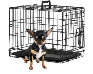 lot 20916 image: Dog Crate  18  Black  Foldable Metal Kennel with Single Doors, Secure Slide-Bolt Latches, Leakproof Tray  Portable Dog Cage for Small Breeds  for Travel, Indoor & Outdoor Use