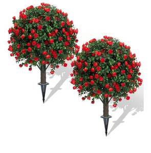 lot 20926 image: Set of 2 Artificial Boxwood Topiary Ball Trees with Red Flowers for Outdoor with Ground Spike 22, UV Resistant Faux Greenery Shrubs, Fake Plants for Garden, Yard, Porch, Patio Valentines Day Decor