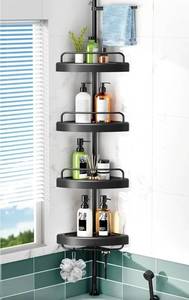 lot 20935 image: HAMITOR Corner Shower Caddy Tension Pole 4 Tier Shampoo Storage Organizer for Inside Shower - Telescoping Rod Shower Rack for Bathroom and Bathtub - Restroom Floor Standing Bath Rack Holder Black