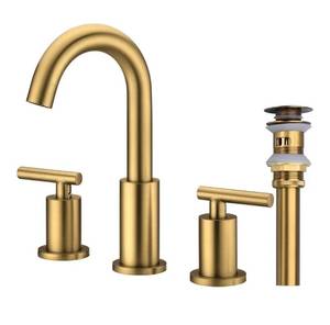 lot 20939 image: TRUSTMI Bathroom Faucet 2 Handle 8 Inch Widespread Bathroom Sink Faucet with Metal Overflow Drain and cUPC Water Supply Lines, 3 Hole, Brushed Brass Gold