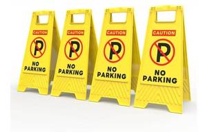 lot 20945 image: 4-Pack No Parking Sign, 24 Inch Height, Double Sided A-Shaped Frame No Parking Sign, Folding No Parking Signs for Outside, Lawn, Driveway, Garage, Yard, Fire Lane - Bright Yellow