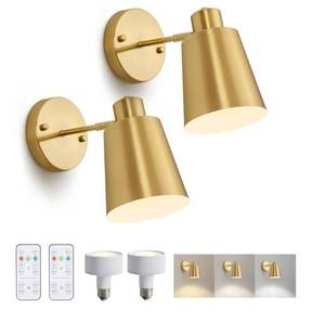 lot 20949 image: 2 Pack Gold Wireless Battery Operated Wall Sconces, Dimmable Battery Powered Wall Decor Set of 2, Cordless Indoor Wall Light Lamp with Remote Control for Bedroom Living Room