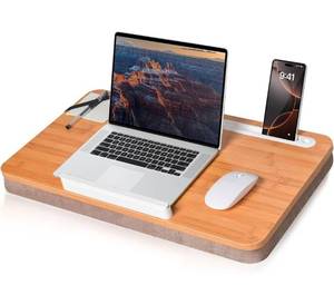 lot 20953 image: wishacc Oversized Bamboo Lap Desk with PhoneTablet Slots & Cushion Pillow - Extra-Large Portable Laptop Stand for Home, Office, Bed, Car. $80