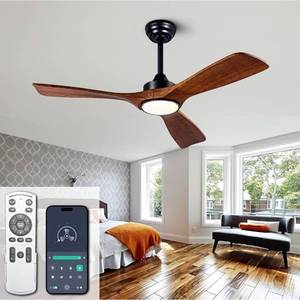lot 20961 image: Ceiling Fans with Lights, 42 Inch Ceiling Fans with RemoteAPP Control,3CCT Dimmable Light,Noiseless Reversible DC Motor,3 Solid Wood Blades,IndoorOutdoor Ceiling Fan for Bedroom,Farmhouse,Patio. Retail $129