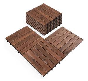 lot 20967 image: Pack of 10 Deck Tiles - 12x12 Interlocking Natural Solid Acacia Wood for Outdoor & Indoor, Patio Garden, Balcony, Poolside. Walnut Color