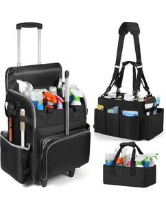 lot 20978 image: Rolling Cleaning Caddy with Wheels, Large Cleaning Caddy Bag with Detachable Trolley, Water-resistant Cleaning Cart Supplies Organizer Bag on Wheels with Multi-pocket for Housekeeper Cleaner