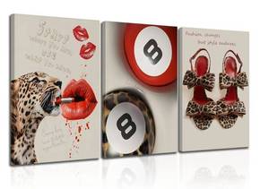 lot 20980 image: MALEDO Fashion Leopard Wall Art Funky Lucky Me 8 Ball High Heels. Picture Wall Decor. Set of 3. 16x24 per