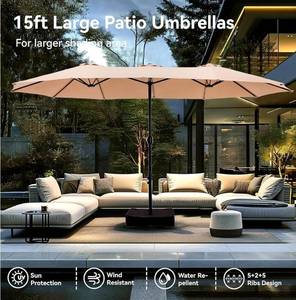 lot 20984 image: PHI VILLA 15ft Large Patio Umbrellas with Base Included, Outdoor Double-Sided Rectangle Market Umbrella with Stand, Outside Umbrellas for Poolside Lawn Backyard, Beige
