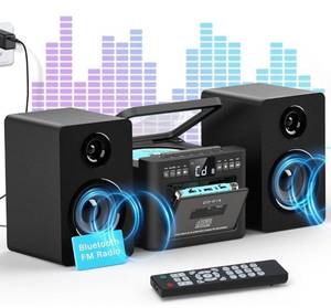 lot 31364 image: Greadio Stereo System for Home with Boombox CD and Cassette Player Combo, 40W Home Stereo System with Bluetooth, FM RadioUSBTFAUXRemote Control, Detachable Wooden Bookshelf Speakers