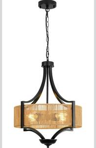 lot 31373 image: 4-Light Rattan Chandelier Light Fixture, 18 Black Metal and Hand-Woven Wicker Shade, Semi-Flush Mount Boho Farmhouse Pendant Lighting for Dining Room, Living Room, Kitchen Island, Bedroom