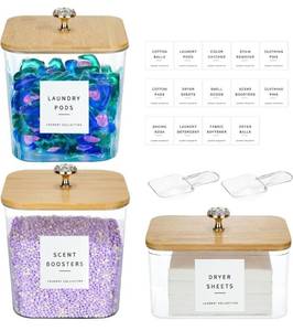 lot 31374 image: 3 Pack Laundry Room Organization Storage Containers Acrylic Laundry Pod Containers and Dryer Sheet Holder with Lids and Labels for Laundry Detergent Laundry Pods Dry Sheet Organizing
