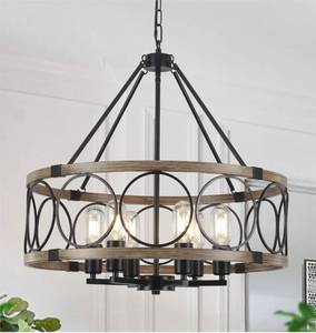 lot 31398 image: 6-Light Farmhouse Chandelier for Dining Room,21 Black Rustic Industrial Drum Chandeliers Imitation Wood Grain Pendant Light Fixture for Kitchen Island Entryway Foyer Bedroom Hallway,E26 Metal. Retail  $289