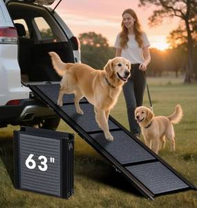 lot 31400 image: HBTower 63 Long & 17.3 Wide Folding Dog Ramp for Car, SUV & Truck - Portable Pet Ramp with Non-Slip Surface, Extra Wide Steps for Large Dogs Up to 250LBS