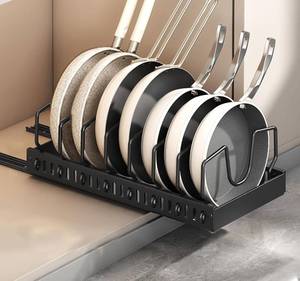 lot 31413 image: 2 Pack Pots and Pans Organizer Under Cabinet, Sliding Pot Lid Holder and Pan Rack in Kitchen, Pull out Pot and Pan Organizer, for Pot Lid, Bakeware, Dishes, Pots and Pans Storage