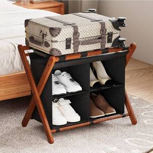 lot 31416 image: Luggage Rack for Guest Room, Folding Suitcase Stand with Fabric Storage Shelf, Upgraded Bamboo Luggage Holder, Steel Foldable Luggage Stand for Guest Room, Bedroom, Hotel, Walnut
