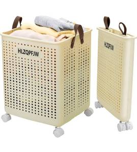 lot 31430 image: HLZQPFJWcollapsible laundry baskets,laundry basket with wheels,laundry hamper with wheels,dorm laundry hamper,childlaundry basket plastic (Cream yellow, Extra large