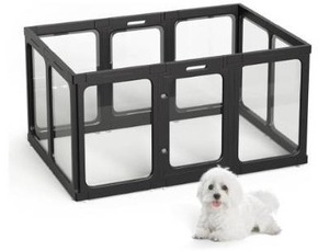 lot 31436 image: Acrylic Dog Playpen Indoor, 10 PCS Plastic Puppy Playpen with Door, Clear PlayPen for Dog Cat Rabbit Ferret, Preferable Small Dog Cage, Easy Assemble Pet Pen, 50 L x 33.5 W x 24 H, Black. Retail $158