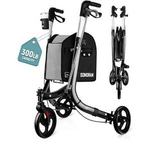lot 31437 image: 3 Wheel Walkers for Seniors - Foldable Rollator Walker with Cane Hold and Cup Holder, Basket Bag, Adjustable Lightweight Three Wheeled Adult Walkers for Seniors, Blue