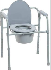 lot 31440 image: Drive Medical 11148-1 Folding Steel Bedside Commode Chair, Portable Toilet, Supports Individuals Weighing Up To 350 Lbs, with 7.5 Qt. Bucket and 13.5 Inch Seat, Grey