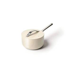 lot 41497 image: Caraway Home 3qt Sauce Pan with Lid Cream Nonstick Ceramic, Stainless Steel Handle, Induction & Gas Compatible