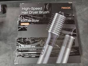 lot 41509 image: 7MAGIC Hair Dryer Brush & 6 in 1 Hair Styler, Silver, 110 Volts, 1200 Watts, Ionic Technology, Fast Drying, Multi Styler for Straight, Wavy, Curly, and Coily Hair