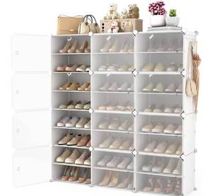 lot 41540 image: Portable Shoe Rack Organizer with Door, 48 Pairs Storage Cabinet Easy Assembly, Plastic Adjustable Stackable Detachable Free Standing DIY Expandable 8 Tier White, (NNF-XJ-012)