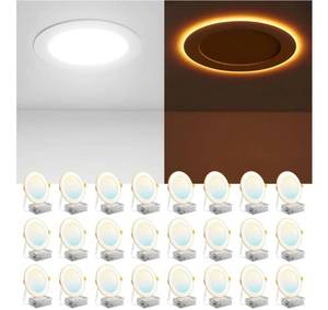 lot 41548 image: Amico 24 Pack 6 Inch 5CCT LED Recessed Ceiling Light with Night Light, 2700K3000K3500K4000K5000K Selectable Ultra-Thin Recessed Lighting, 12W110W, 1100LM, Dimmable Canless Wafer Downlight ETL&FCC. Retail $199