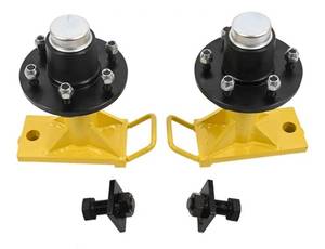 lot 41550 image: Yellow 6 x 5.5 Lug 8000LB Bolt On Wheels Compatible with Shipping Container Hub and Spindle Kit WHandle and Ratchet Strap.  Retail $$260