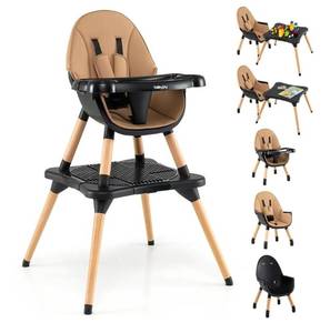 lot 41569 image: BABY JOY 6 in 1 High Chair, Convertible High Chairs for Babies and ToddlersBooster SeatTable and Chair Set, Infant Wooden Highchair w 5-Point Harness, 4-Position Removable Tray & PU Cushion, Coffee