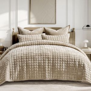 lot 60365 image: RECYCO Luxury Velvet Quilt Set, Over Sized KingCalifornia King Bedding Set, Ultra Soft, Lightweight, Channe Box Stitch, Coverlet for All Season, with 2 Shams, Urban Taupe, 108 x 96 inch - Retail $124